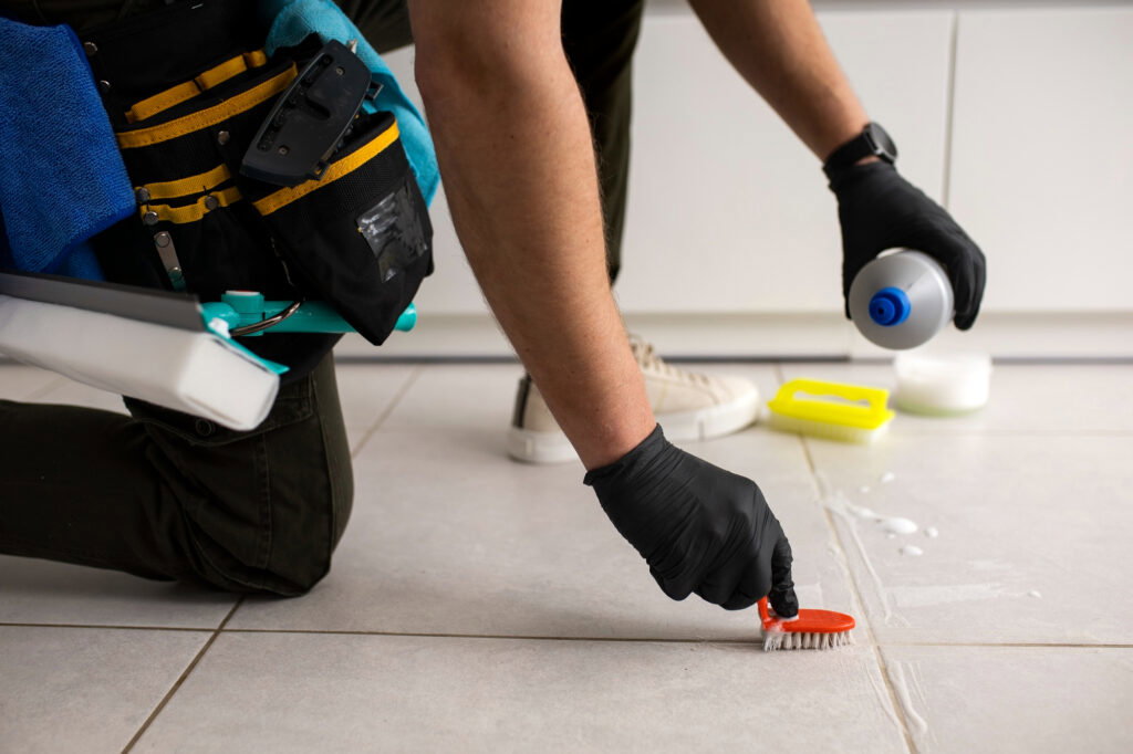 Person wearing gloves scrubs tile floor grout with a brush and cleaning solution during construction cleanup; cleaning tools and debris removal equipment are nearby.