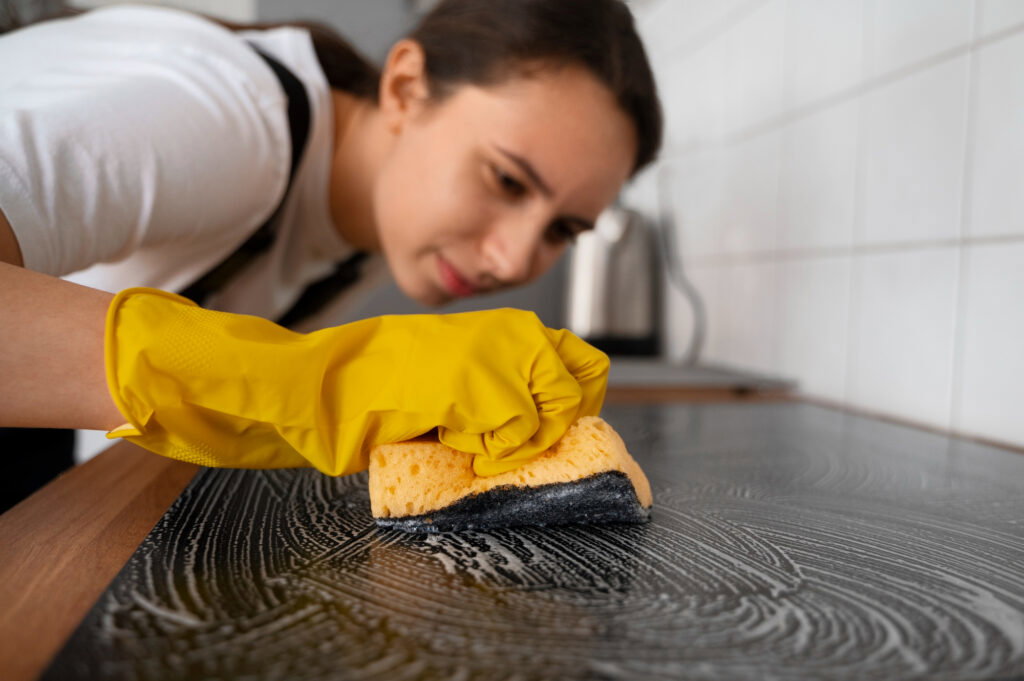 Woman wearing yellow gloves cleaning a soapy stovetop with a sponge in a kitchen, giving the area a thorough deep cleaning.