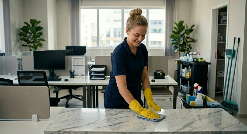 A woman wearing yellow gloves performs business cleaning, wiping a marble counter in a modern office with desks and plants in the background.