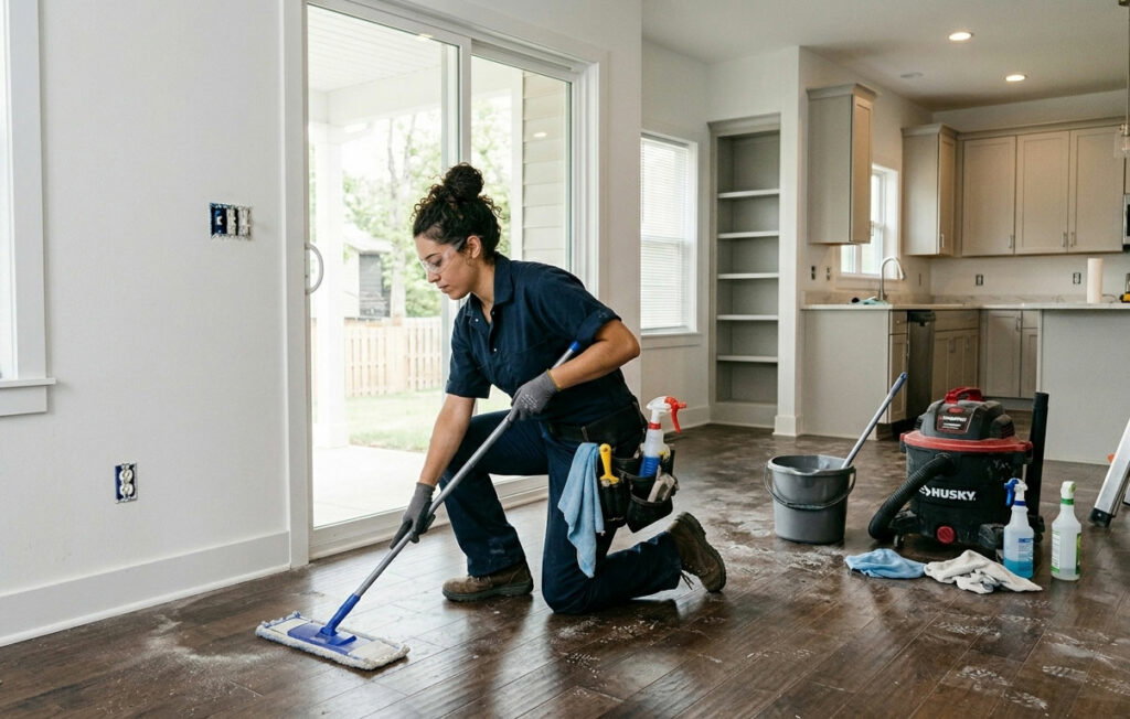 A Weekly Maid kneels on the floor, mopping a messy wooden floor in a bright, unfurnished home.
